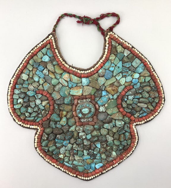 Tibetan/Ladakh Coral & Turquoise Breastplate.: 16.5"Lx17"W. Antique tribal Ladakhi perak of the Himalayan region ceremonial chest adornment. Polished turquoise and fossil coral. The Ladakh region is now a far northern portion of India, though the 