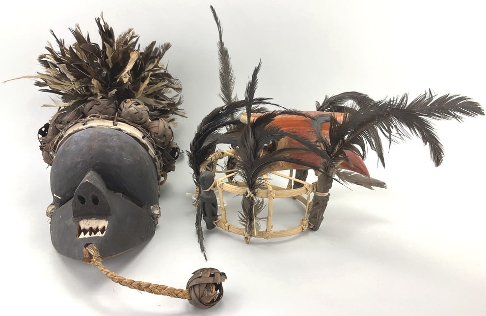 Salampasu Warrior Mask & Ifugao Headdress.: Largest: 24"Lx9"W. Vintage Salampasu Mukinka or Kasangu mask from the Democratic Republic of the Congo. Hard to find Ifugao tribal headdress of rattan construction with hornbill bird skull, rooster fe
