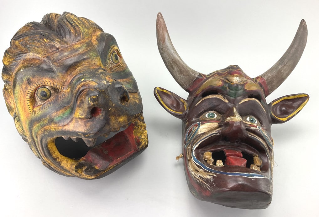 Mexican Folk Art Lion & Diablo Masks.: Largest: 13"Dx8.5"W. Vintage polychrome painted masks used in traditional festivals. Condition: Good with wear. **LOCAL PICKUP MUST BE BY APPT ONLY POST AUCTION ONLY ON SPECIFIC DATES:CALL 717-272-707