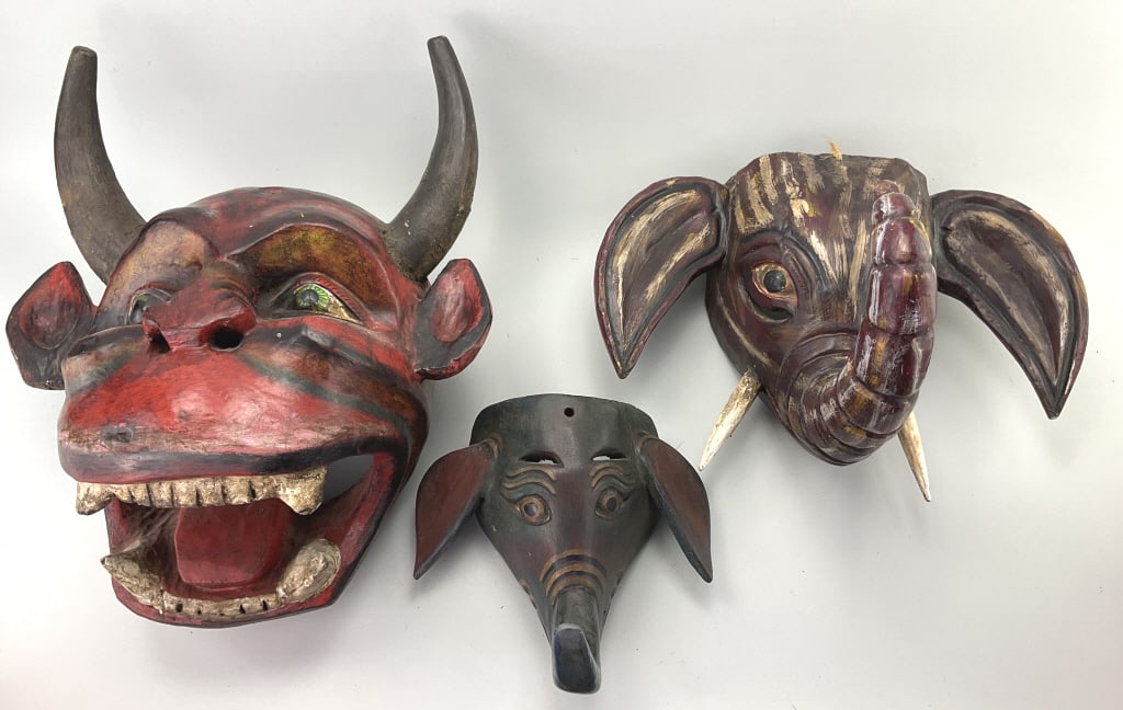 Hand Carved Wooden Diablo & Elephant Masks. (1 of 16)