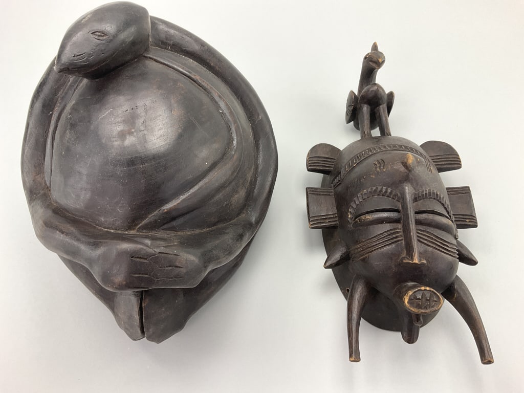 Carved Wood Helmet & Senufo Kpelie Tribal Mask. (1 of 12)