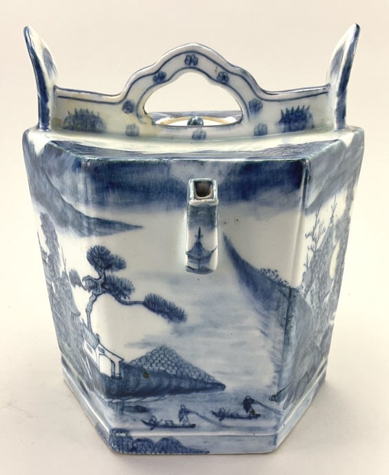 Antique Blue & White Octagonal Warriors Teapot.: 9.25"Hx8.5"W. Da Qing Qianlong mark, export porcelain with pagoda, figural and landscape decoration. Condition: Very good. **LOCAL PICKUP MUST BE BY APPT ONLY POST AUCTION ONLY ON SPECIFIC DATES:CALL 