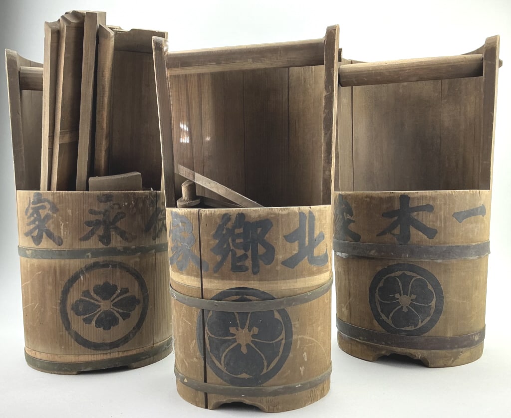 3 Antique Japanese Wooden Sake Kegs & Staves.: 17"H. Antique wooden Japanese sake kegs (taru). Kegs such as these were used in Japan to store fluids such as soy sauce and sake. The kegs commonly include a handle and were typically made of wood fro