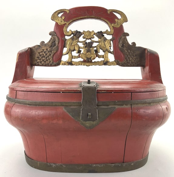 Antique Chinese Red Lacquer Wedding Box.: 13"Wx12"H. Circa 1850-1900. Shanghai area, wood stave construction with gilt carved handle having three figures, wrought iron bands and hardware. Condition: Good with wear.**LOCAL PICKUP MUST BE BY AP