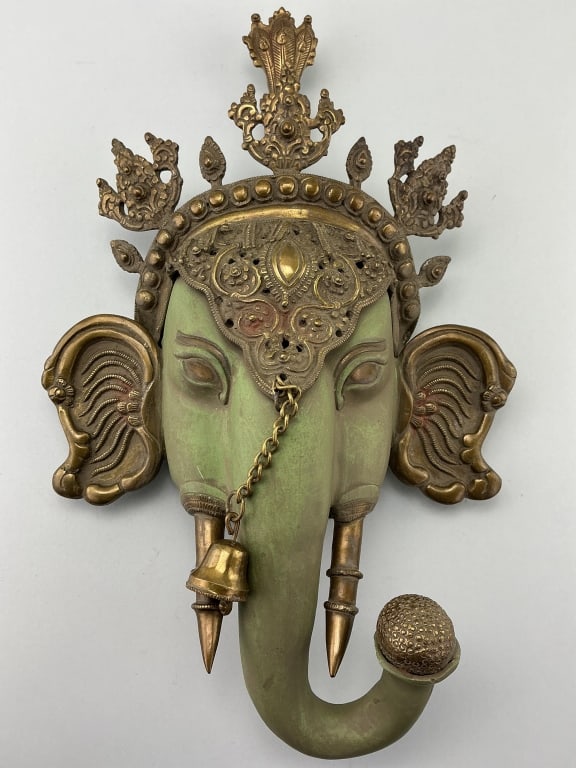 Hindu Deity Brass Lord Ganesha Wall Art.: 19"Lx11"W. Likely from Nepal or India, traditional art form used in the Himalayas. Condition: Very good with minor wear. **LOCAL PICKUP MUST BE BY APPT ONLY POST AUCTION ONLY ON SPECIFIC DATES:CALL 71
