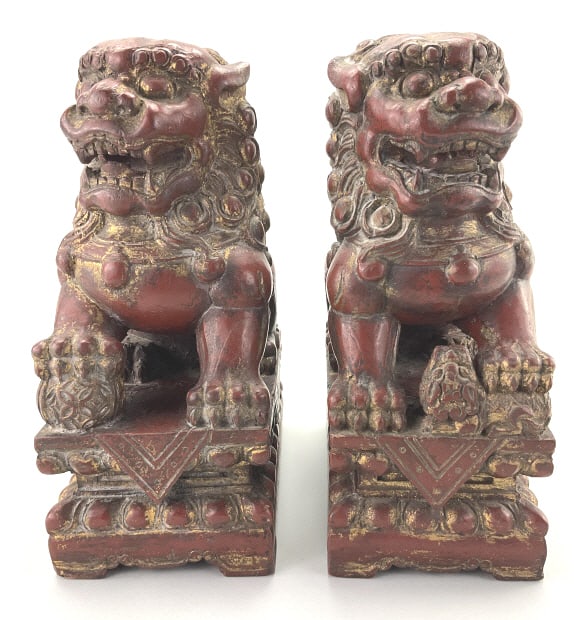 Pair Of Lacquered Wood Chinese Foo Dogs.: 4.25"Wx10.5"H. A pair of Chinese Meiji era carved rosewood, red lacquer Foo Dogs, iconic guardian statues, often called Shi (lions), representing protection, power, and good fortune, with one male (pa