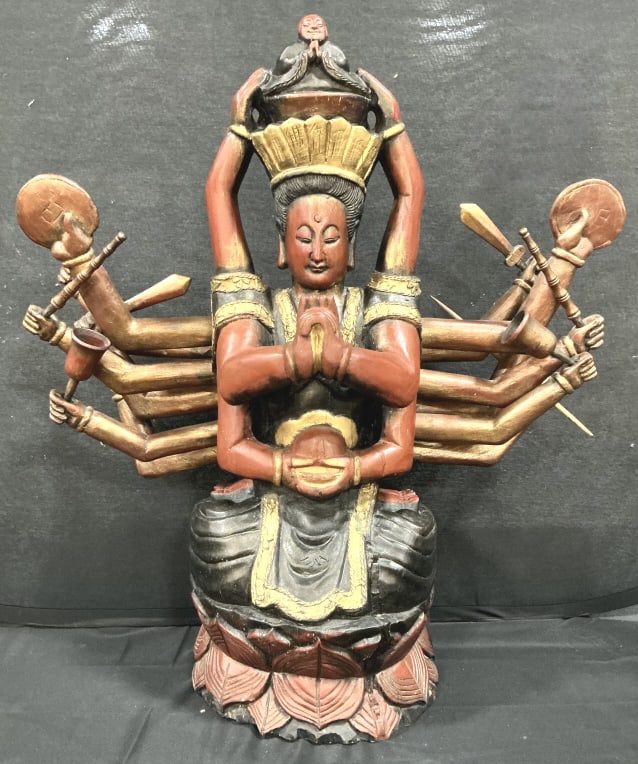 Antique Carved & Painted Wood Bodhisattva Statue.: 32:Wx36"H. Sino-Tibetan 19th Century Statue of multi-armed Bodhisattva Avalokiteshvara (Guanyin) or Cundi. Polychrome painted and lacquered figure, seated on a lotus throne base. Condition: Good with 