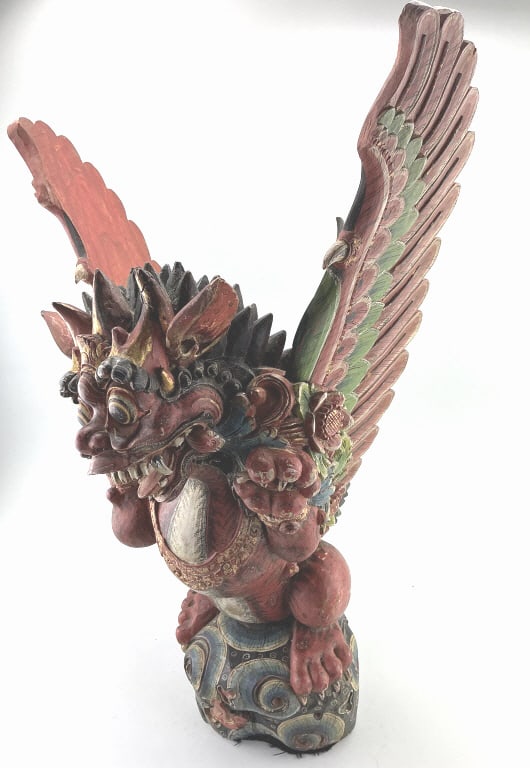 Balinese Carved & Painted Wood Singa Statue.: 28"H. Antique Balinese carved and polychrome painted Singa Tugeh. Finely carved details of this winged lion in an aggressive stance ready to attack. Condition: Good with surface wear and minor age cra