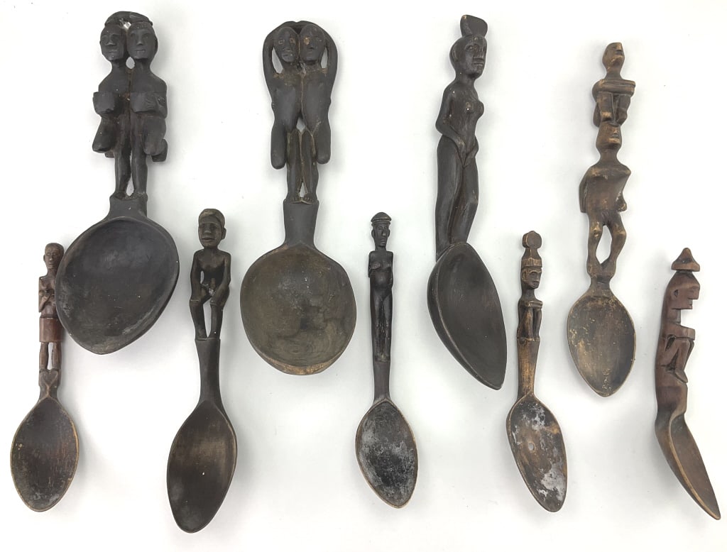 9 Ifugao Hand Carved Wooden Spoons.: 9-11.5"L. Handles are carved with human-like figures known as pakko. Ifugao people, an ethnic group residing in the Cordillera region on the island of Luzon in the Philippines. Condition: Good with we