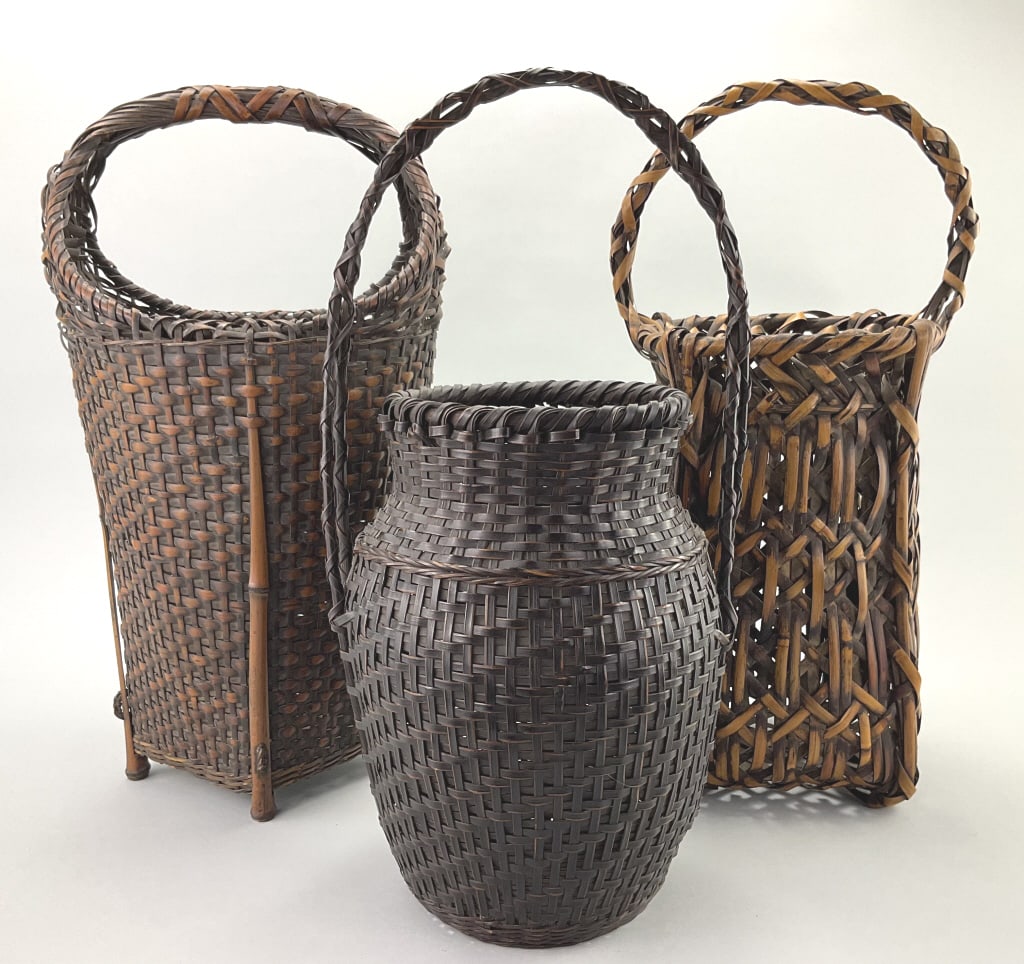 3 Vintage Japanese Ikebana Bamboo Baskets.: Largest: 17"Hx9.5"W. Japanese bamboo ikebana basket, also known as a hanakago. These baskets are specifically used for ikebana, traditional Japanese art of floral arrangement. Hand-woven from bamboo s