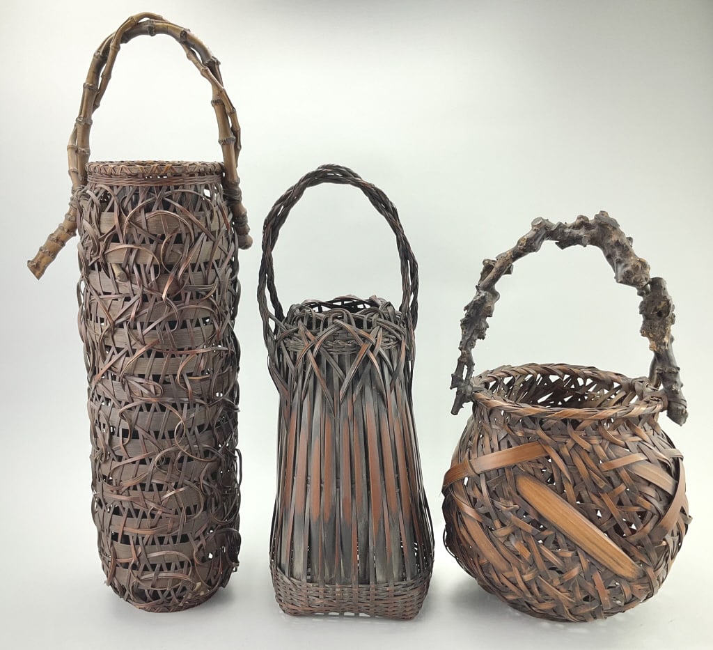 3 Vintage Japanese Ikebana Bamboo Baskets.: Largest: 23"Hx6"W. Japanese bamboo ikebana basket, also known as a hanakago. These baskets are specifically used for ikebana, traditional Japanese art of floral arrangement. Hand-woven from bamboo str
