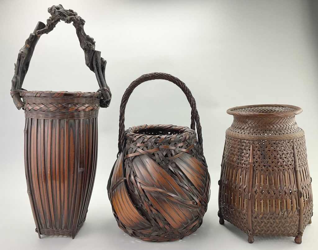 3 Vintage Japanese Bamboo Ikebana Baskets.: Largest: 22.5"Hx9"W. Japanese bamboo ikebana basket, also known as a hanakago. These baskets are specifically used for ikebana, traditional Japanese art of floral arrangement. Hand-woven from bamboo s