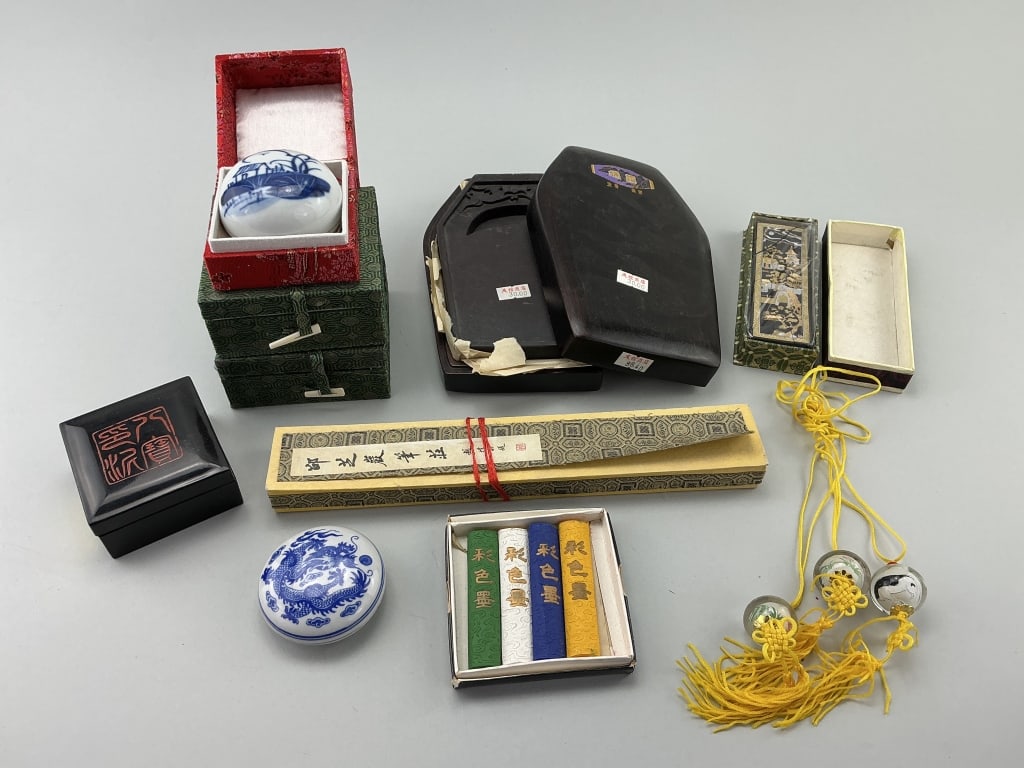 Chinese Calligraphy Ink Pads, Brushes & Ink Stone.: 8"Hx5"W. Lot of various vintage calligraphy related items and glass Feng Shui Lou ornaments. Condition: Very good. **LOCAL PICKUP MUST BE BY APPT ONLY POST AUCTION ONLY ON SPECIFIC DATES:CALL 717-272-