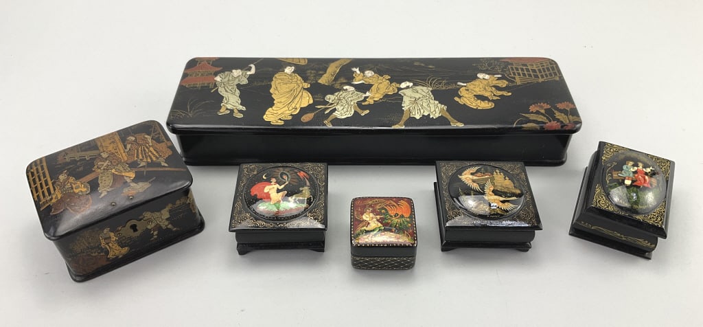 6 Russian & Asian Black Lacquered Trinket Boxes. (1 of 11)