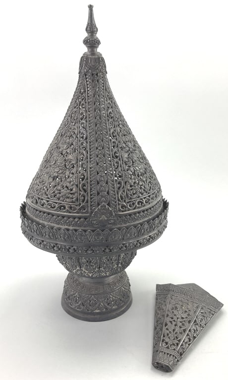 Cambodian Metal Offering Box & Betel Leaf Holder.: 12.5"Hx6"W. Antique Cambodian silvered metal offering box (boite a offrandes). Filigree repousse floral, foliate and scroll motif with conical cover. Vintage Thai (attanakosin style) originating from 