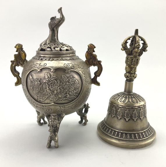 Antique Chinese Brass Censer & Tibetan Bell. (1 of 14)