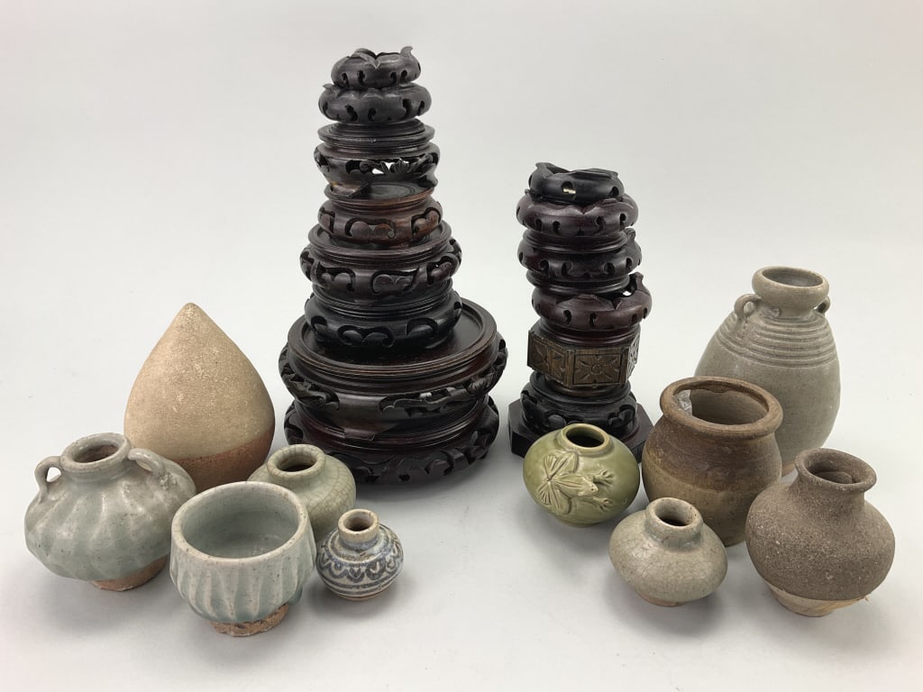 Chinese Celadon Jarlets & Wood Pedestals. (1 of 19)