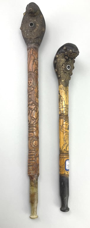 2 Antique Chinese Carved Bone Opium Pipes. (1 of 9)