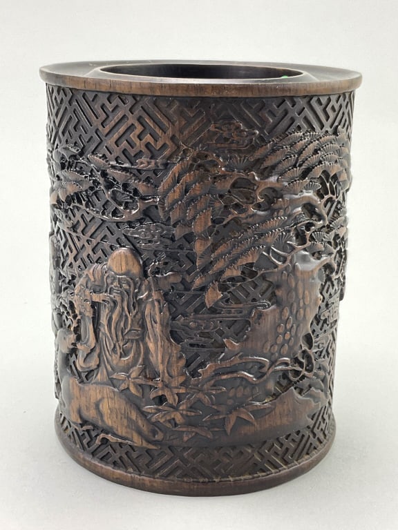 Chinese Qing Dynasty Zitan Wood Brush Pot. (1 of 6)