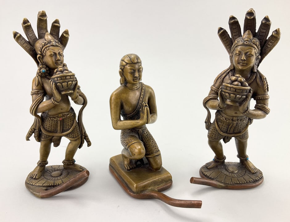 3 Brass Hindu Deities Statuettes.: Measure 6 to 8 inches high by 4 inches wide. Hanuman, Theppanom and Manasa figures. Condition: Very good with pleasing patinas. **LOCAL PICKUP MUST BE BY APPT ONLY POST AUCTION ONLY ON SPECIFIC DATES: