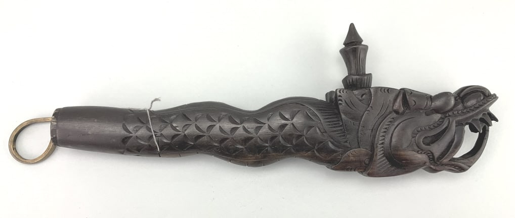 Indonesian Carved Wood Dragon Flute.: Measures 14.5 inches long by 5.5 inches at its widest point. Vintage hand carved wooden dragon flute Indonesian musical wind instrument. Condition: very good with minor wear.**LOCAL PICKUP MUST BE BY 
