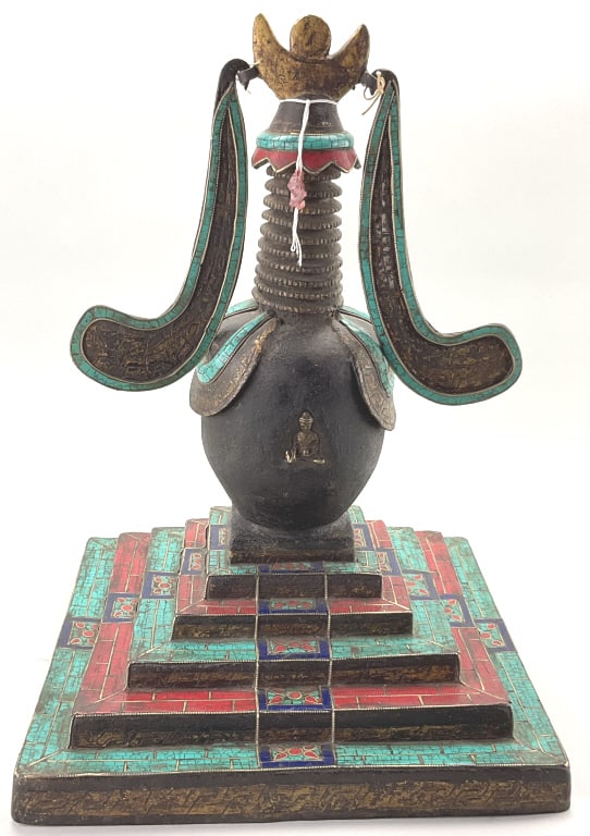 Himalayan Tibetan Buddhist Stupa Monument.: Measures 18 inches high by 13 inches wide. Sacred Himalayan Stupa. Handcrafted Tibetan Iron Buddhist Stupa spiritual shrine with turquoise & coral inlay. Condition: Good with wear.**LOCAL PICKUP MUST 