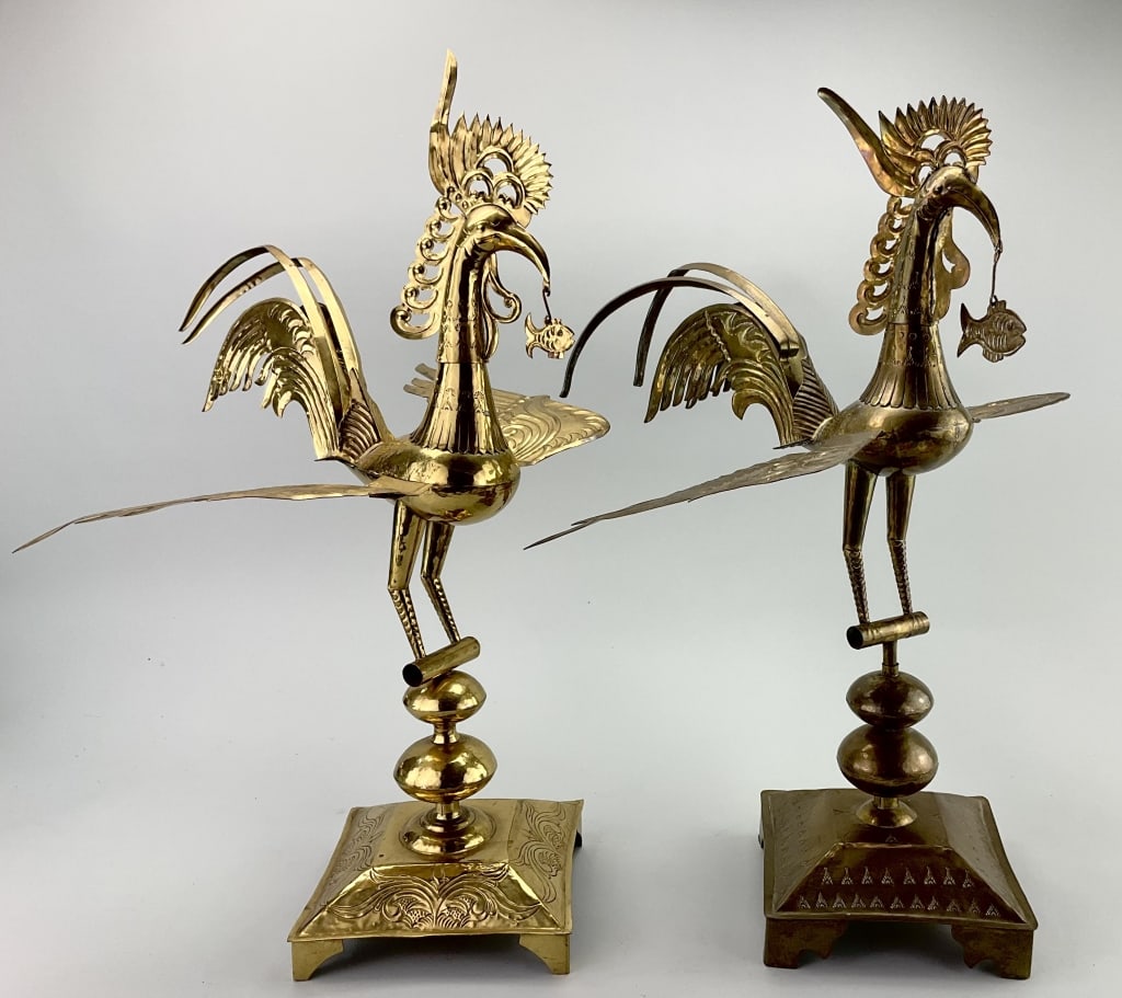 Pair of Vintage Brass Sarimanok Statuettes.: Measure approximately 22 inches high by approximately 14 inches at their widest point. Maranao people, Mindanao, First half 20th century. Folk Art hammered brass sculptures of a Sarimanok. The Sariman