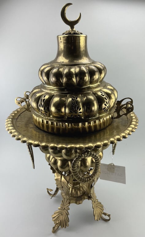 Large Vintage Turkish Brass Brazier.: Measures approximately 30 inches high. Ornate monumental brass brazier, also known as a mangal. Historically used as a tent warmer. Ottoman craftsmanship with dome cover, crescent finial, drop-ring ha