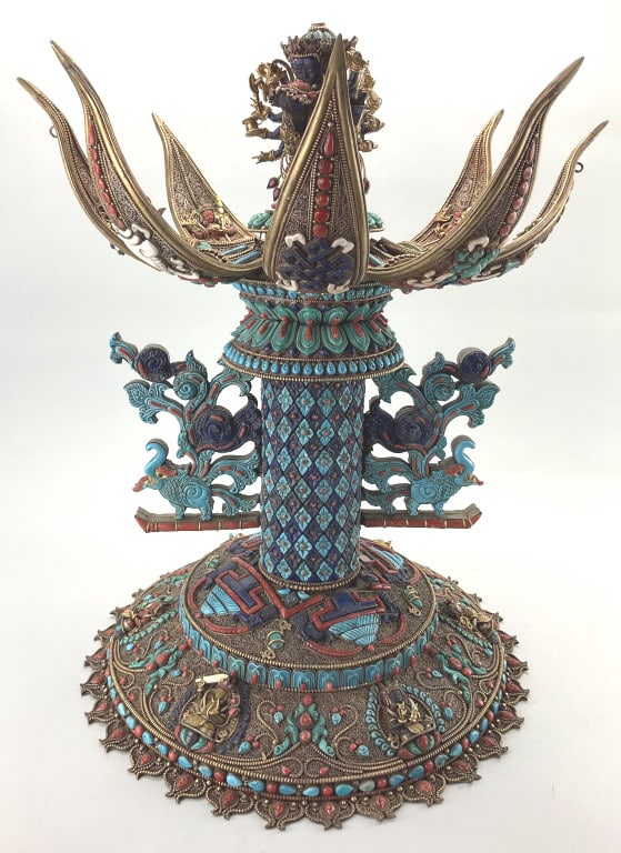 Fine Figural Lotus Mandala of Chakrasamvara.: Measures approximately 19.5 inches high by 13 inches wide. This complex sculpture represents a lotus mandala symbolizing the celestial abode of Chakrasamvara and his consort Vajravarahi. Mandalas are 