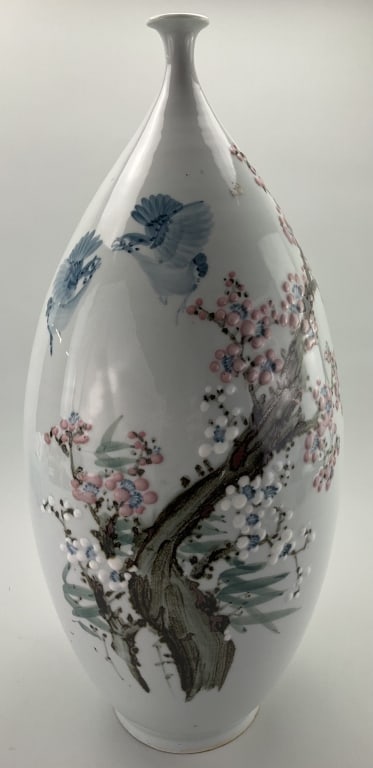 Japanese Famille Verte Ceramic Bottle Vase.: Measures approximately 23 inches high. Hand painted and enamel decorated with finches and cherry blossom tree. Under-glazed mark, characters translate to Nikko, a company founded in 1908 and is well k