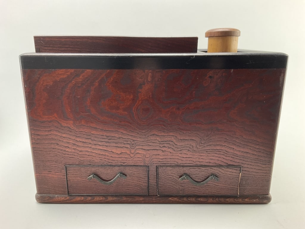 Antique Japanese Keyaki Brazier.: Measures 15.25 inches wide by 9.5 inches deep. Antique Japanese hibachi done in a style to be used as a smoking box (tabakobon). Made in the Meiji era (late 1800s). It is made of burl zelkova wood tos