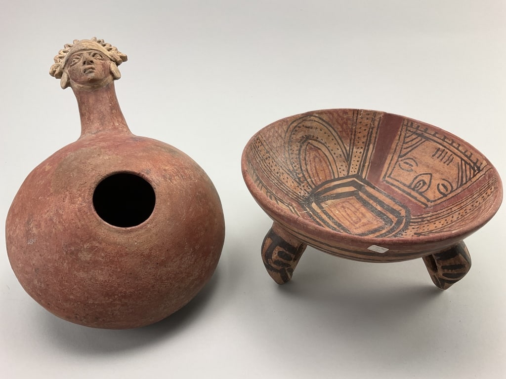 Pre Colombian Moche Canchero & Tripod Bowl.: Canchero measures approximately 12 inches long. Moche Canchero, also known as corn popper, is a figural dipper vessel. Belonging to the Moche culture, which flourish on the North Coast of Peru. Earthe