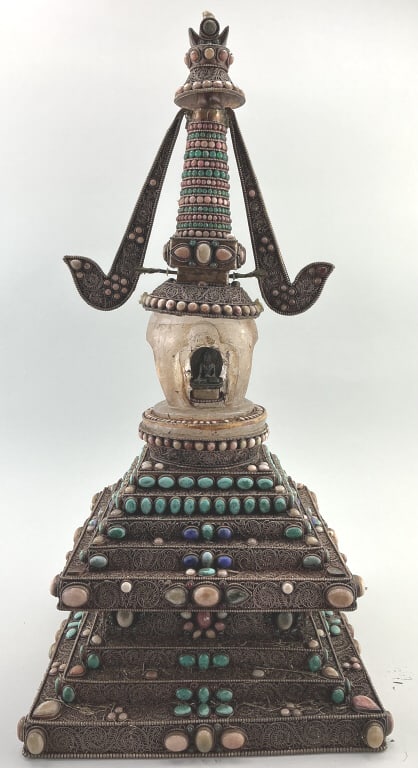 Tibetan Buddhist Stupa Religious Monument.: Measures 24 inches high. Silvered copper alloy set with turquoise, coral and lapis lazuli. Condition: Good with some loss and wear. **LOCAL PICKUP MUST BE BY APPT ONLY POSTAUCTION ONLY ON SPECIFIC DAT