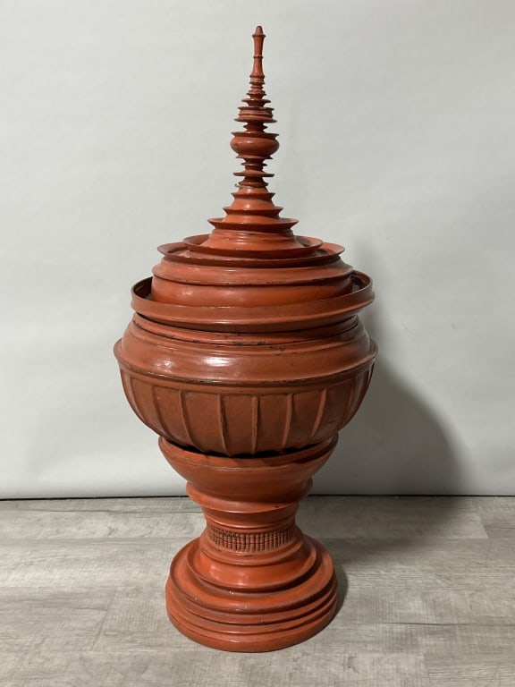 Antique Burmese Lacquered Wood Offering Vessel. (1 of 4)