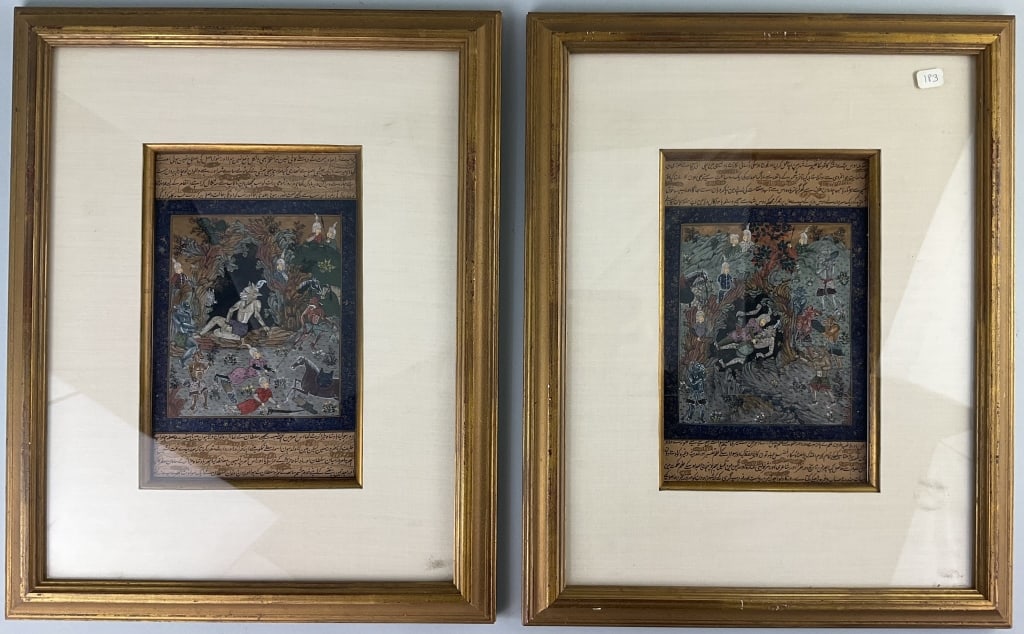2 Framed Persian Manuscript Paintings.: Measure 13.5 x 17.5 inches. Colorful hand painted illustrations depicting the mythical hero Rostam battling the White Div. Scenes from the epic poem, Shahnameh (Book of Kings). The paintings are part 