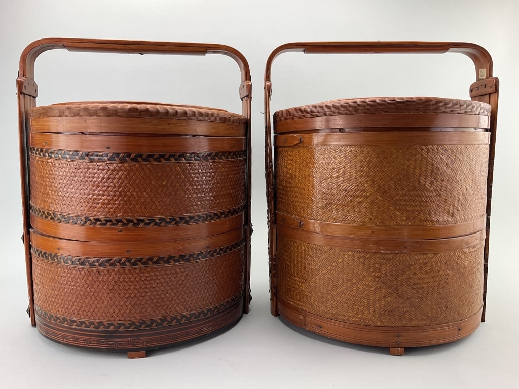 Vintage Chinese Bamboo & Rattan Betrothal Baskets.: Measure approximately 16 inches high by 12.5 inches wide. Circular form wedding or betrothal tiered baskets made of bamboo and rattan with carved bentwood handles. Condition: Very good with minor wear