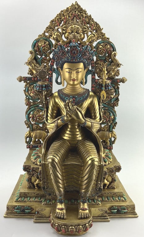 Large Antique Gilt Bronze Maitreya Buddha Statue.: Measures 26 inches high by 15.5 inches wide. Exquisite 20th century (18th century style) gilt bronze statue of a seated Maitreya Buddha statue embellished wit turquoise and coral. With double Dorje ma