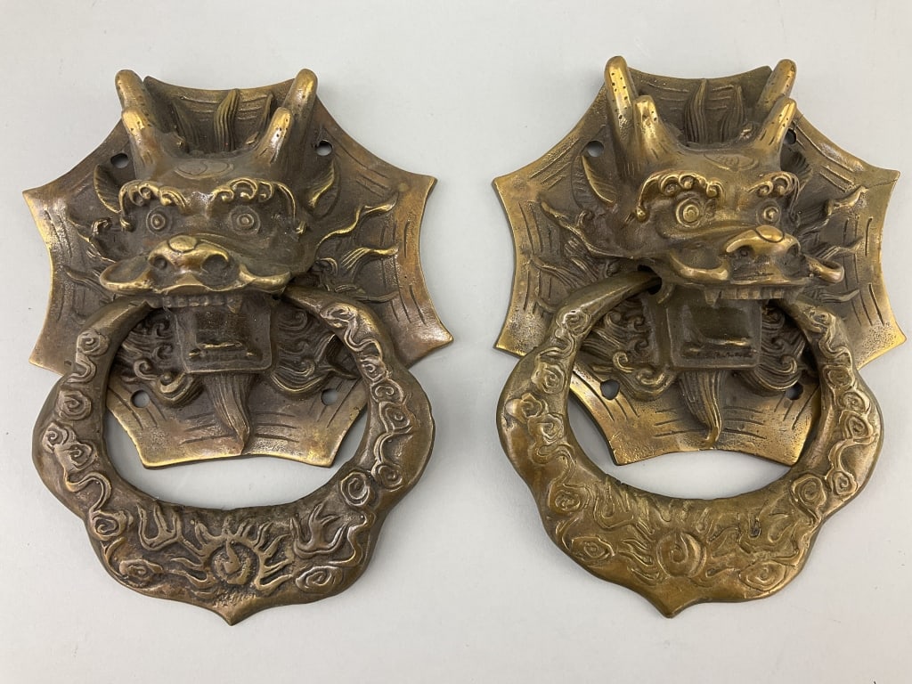 Pair of Chinese Brass Dragon Door Knockers. (1 of 9)
