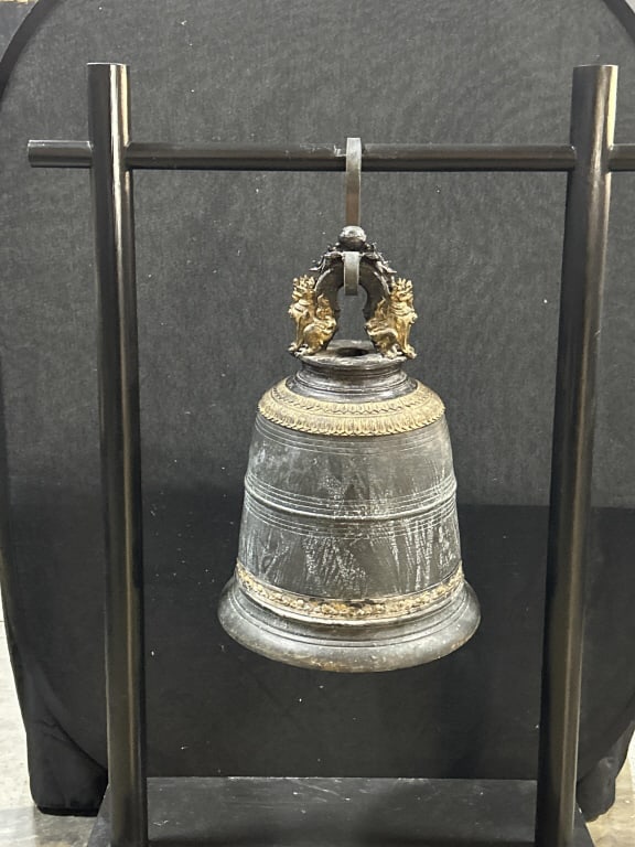 Large Burmese 19th Century Bronze Temple Bell.: Extremely heavy, will need to be shipped freight. Bell itself measures approximately 20 inches wide x 30 inches tall. Stand holding the bell measures approximately 44 inches wide x 64 inches tall. The