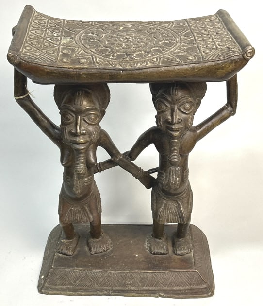 Rare Antique African Luba Bronze Caryatid Stool. (1 of 5)