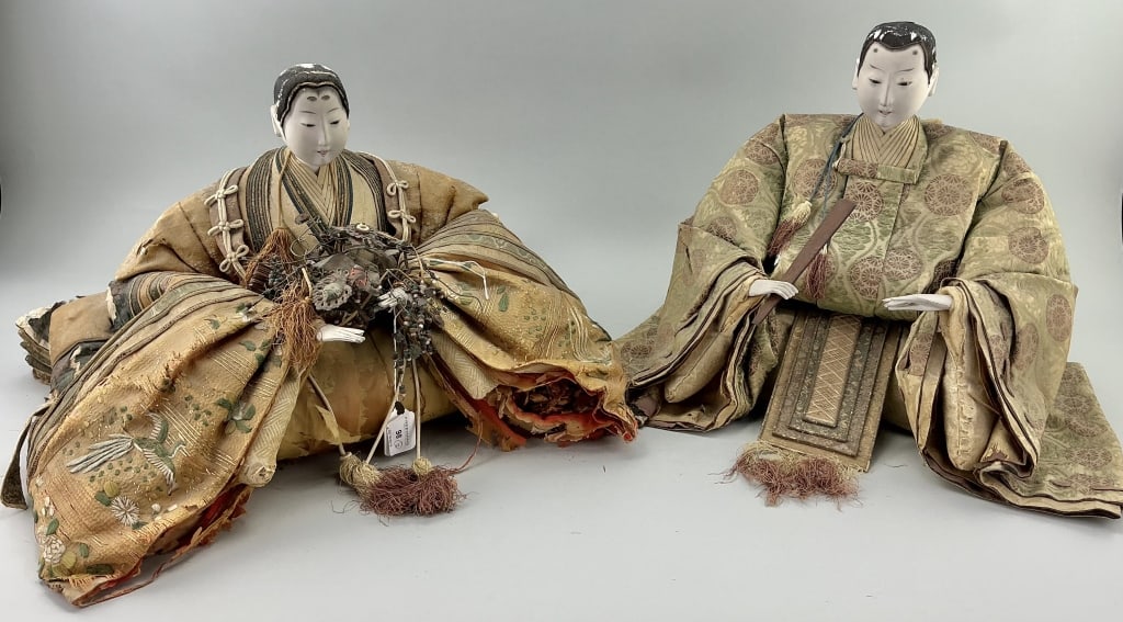 Antique Japanese Emperor and Empress Dolls.: Measure 14 inches high. Likely Meiji period, seated figures with gofun (crushed oyster shells) face and hands and elaborate brocade silk court attire. Condition: Good with wear. **LOCAL PICKUP MUST BE