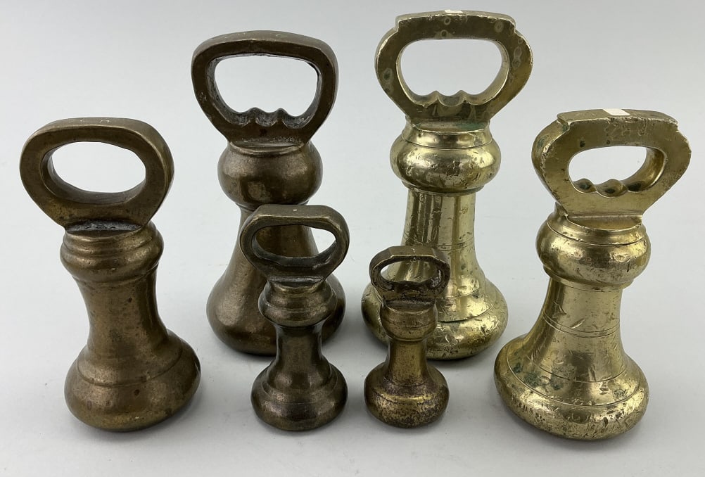 Antique English Brass Bell Scale Weights. (1 of 13)