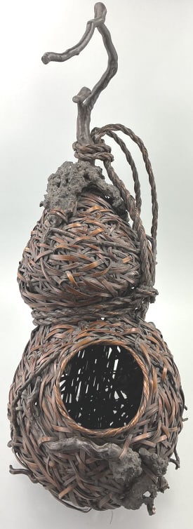 Antique Japanese Hanging Ikebana Basket.: Measures approximately 27 inches long by 13 inches diameter. Likely Meiji period Japanese ikebana hanakago rootwood and woven smoked bamboo double gourd type basket. Would make a great birdhouse. Cond