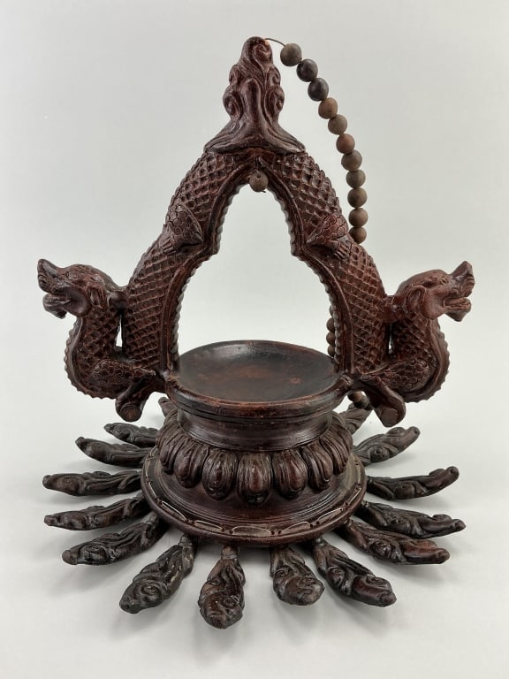 Nepali Handcrafted Clay Oil Lamp.: Measures 12 inches high. Axia Krafts Dalucha hanging panas with double dragon supports. Condition: Very good. **LOCAL PICKUP MUST BE BY APPT ONLY POST AUCTION ONLY ON SPECIFIC DATES:CALL 717-272-7078 