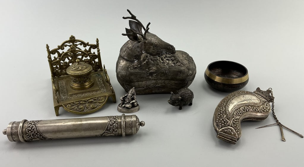Tibetan Silver, Brass Inkwell, and Singing Bowl. (1 of 20)