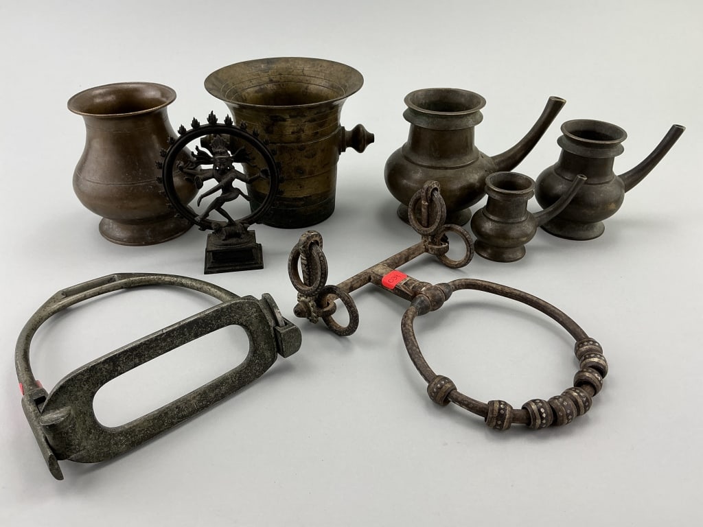 3 Brass Kindi, Mortar, Pot, Stirrup & Bridle. (1 of 20)