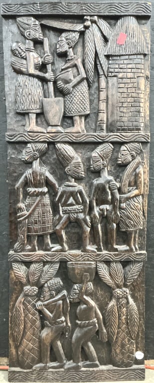 West African Carved Wood Granary Door.: Measures 17 x 44 inches. Early 20th century, Dogon people, Mali. Elaborately carved wood panel depicting scenes of daily life. Condition: Good with wear. **LOCAL PICKUP MUST BE BY APPT ONLY POSTAUCTIO