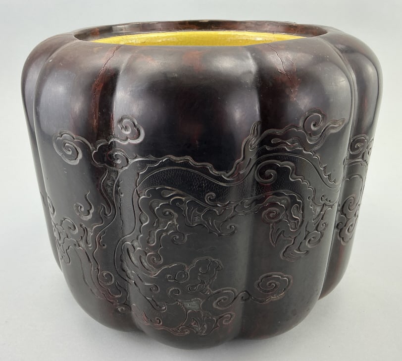 Chinese Dragon Carved Wood Hibachi Brazier.: Measures 10 inches high. Likely Meiji period (1868-1912), melon-form with finely carved dragon motif and ceramic lining. Condition: Good with some age cracks. **LOCAL PICKUP MUST BE BY APPT ONLY POSTA