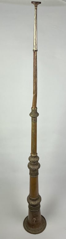 Antique Tibetan Dungchen Ceremonial Long Horn.: Measures 55 inches long. Tibetan copper and brass ritual long horn (Dung-Chen) made of three sections with a repousseé bands. Condition: Good with dents and wear. **LOCAL PICKUP MUST BE BY APPT O
