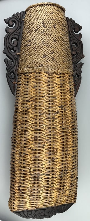 Antique Hanakago Woven Bamboo Flower Basket.: Measures 32 inches high. Circa 1900-1920. Carved and woven ceremonial basket used for the art of ikebana (flower arrangement). Condition: Good with minor loss and wear. **LOCAL PICKUP MUST BE BY APPT 